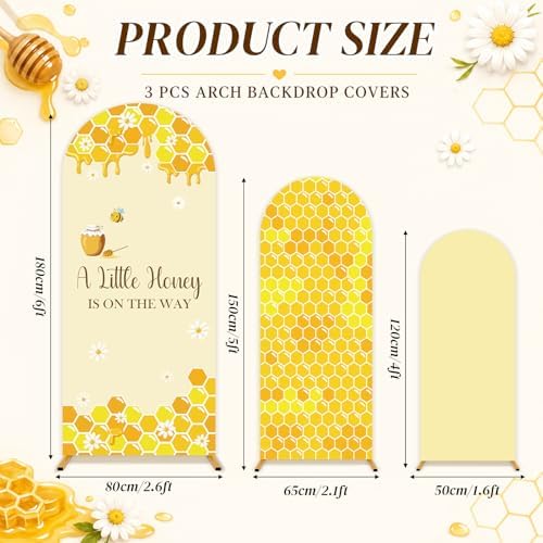 3PCS Baby Shower Arch Backdrop Covers A Little Honey is on the Way Happy Bee Days Decoration Honey Bees Baby Shower Decor for Gender Reveal Party Photo Background Supplies 4ft 5ft 6ft - Image 2