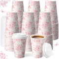 Funnymoom 100 Pieces Pink Floral Disposable Coffee Cups with 120 Lids 12 oz Pink Herb Beverage Paper Tea Cups for Spring Wedding Baby Bridal Shower Tea Party Baby Shower by Funnymoom