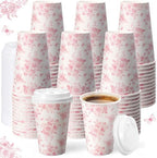 Funnymoom 100 Pieces Pink Floral Disposable Coffee Cups with 120 Lids 12 oz Pink Herb Beverage Paper Tea Cups for Spring Wedding Baby Bridal Shower Tea Party Baby Shower by Funnymoom