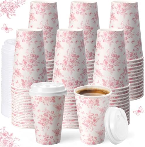Funnymoom 100 Pieces Pink Floral Disposable Coffee Cups with 120 Lids 12 oz Pink Herb Beverage Paper Tea Cups for Spring Wedding Baby Bridal Shower Tea Party Baby Shower by Funnymoom