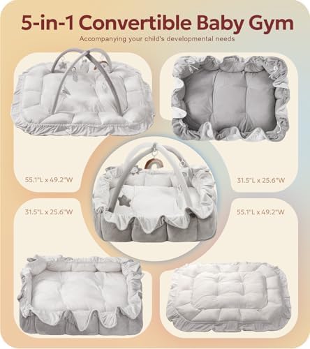 Mallify 5-in-1 Plush Baby Play Gym, Baby Play Mat, Convertible Baby Gym with Blanket and 6 Toys, Tummy time mat, Baby Activity Center from Newborn to Toddler, Baby Gym, Baby Newborn Essentials, Grey - Image 2