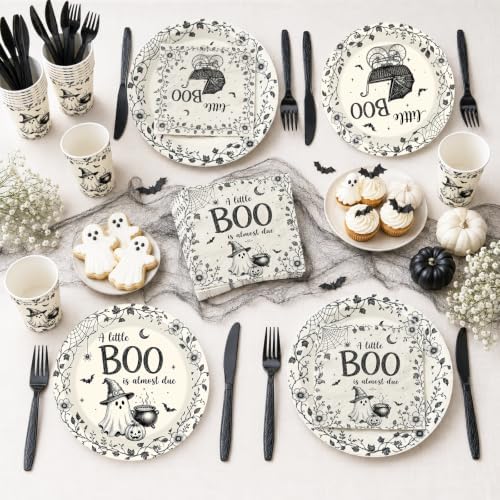 144 Pcs A Little Boo Is Almost Due Baby Shower Plates and Napkins Cups Party Supplies Disposable Vintage Little Boo Tableware Set for Halloween Baby Shower Decorations - Image 4