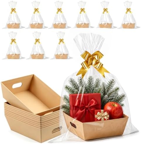 10Sets 10 x 8” Baskets for Gifts Empty, Thick Paper Gift Basket with Clear Wrap Bag and Pull Bows, for Wedding Birthday Bridesmaid Baby Shower Thanksgiving Party Gift Wrapping, Brown - Image 7