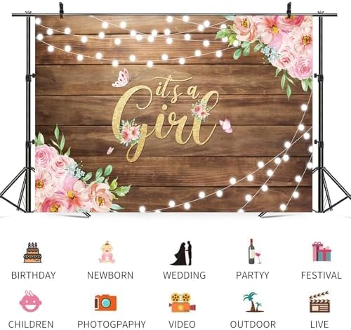 12x10ft Baby Shower Backdrop It's a Girl Photography Background Pink Floral Butterfly Green Leaves Rustic Wooden Board Girls Birthday Party Banner Decorations Newborn Parties Photo Booth Prop - Image 3