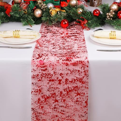 Snowkingdom Red Sparkly Table Runner Sequin Glitter Metallic Foil Mesh Runner 11 Inch x 100 Feet Romantic Wedding Reception Anniversary Birthday Party Bridal Shower Mother's Day Table Decoration by Snowkingdom