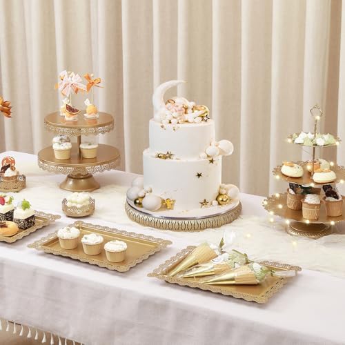 8Pcs Metal Cake Stand Set with 14 inch Round Cake Stand for Large Cakes, 2-Tier & 3-Tier Dessert Stands, Lace Edge Serving Trays – Display for Wedding, Birthday, Party(Champagne Gold) - Image 2