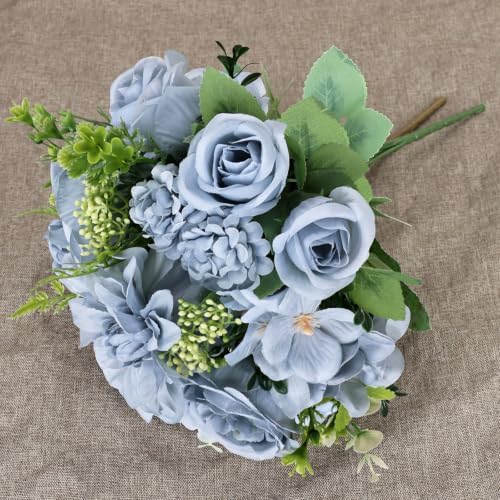 Dusty Blue Peonies Dahlia Artificial Flowers Bulk, 12 Bundles - Image 6