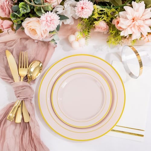 GATHER 350PCS Pink Plastic Plates with Gold Rim for Wedding Baby Shower - Image 4