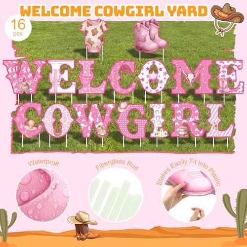 Sliner 15 Pcs Welcome Cowgirl Baby Shower Decoration 15 Inch Pink Yard Signs with Stakes Large Lawn Sign for Gender Reveal Newborn Welcome Home Outdoor Party Decoration - Image 3