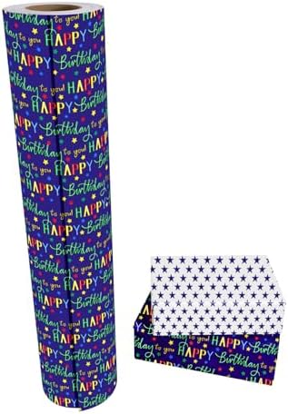 WRAPAHOLIC Jumbo Reversible Birthday Wrapping Paper - 30 Inch x 100 Feet Jumbo Roll - Colorful Happy Birthday Lettering and Stars Design for Bday Party, Baby Shower, Holiday - Image 2