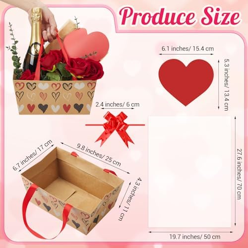Kolldenn 24 Set Valentine's Day Empty Gift Basket to Fill Kraft Red Heart Bouquet Box with Handles Pull Bows Cellophane Bags and Card for Valentine Party Favor Supplies, 9.8 x 6.5 Inch - Image 2