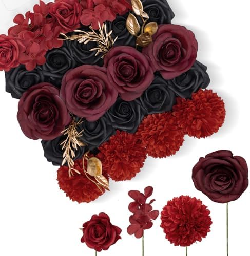 TINGE TIME 23pcs Gothic Black Red Artificial Flowers Combo, Rose by TINGETIME