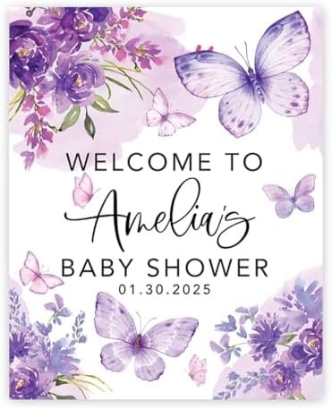 Andaz Press Butterfly Baby Shower Decorations, 16" X 20" A Little Butterfly Is On Her Way, Personalized Baby Shower Welcome Sign, Purple Florals Sign In Guest Book Alternative by AndazPress