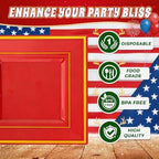 Liacere 100PCS Red and Gold Square Plastic Plates-50PCS Heavy Duty 9.5inch Disposable Dinner Plates and 50PCS 6inch Red Dessert Plate - Gold Plastic Plate for Party & Independence Day - Image 4