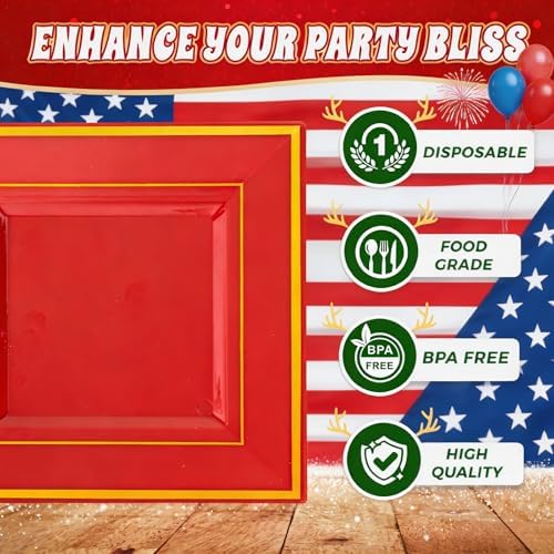 Liacere 100PCS Red and Gold Square Plastic Plates-50PCS Heavy Duty 9.5inch Disposable Dinner Plates and 50PCS 6inch Red Dessert Plate - Gold Plastic Plate for Party & Independence Day - Image 4