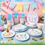 Honeydak 210 Pcs Happy Easter Party Supplies for 30 Guests, Includes Colorful Bunny Plates, Cups, Napkins, Cutlery - Cute Rabbit Carrot Tableware Decoration for Baby Shower Easter Party - Image 2