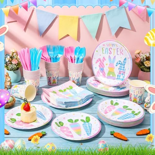 Honeydak 210 Pcs Happy Easter Party Supplies for 30 Guests, Includes Colorful Bunny Plates, Cups, Napkins, Cutlery - Cute Rabbit Carrot Tableware Decoration for Baby Shower Easter Party - Image 2