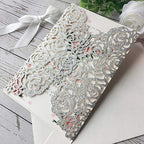 50PCS 5.12 x 7.28'' Personalized Laser Cut Wedding Invitations Cards with Envelopes Hollow Rose Pocket with Bowknot Invitation for Wedding Bridal Shower Invite (Silver Glitter) - Image 4