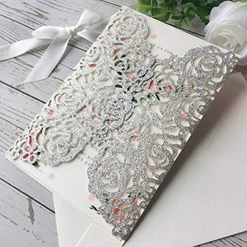 50PCS 5.12 x 7.28'' Personalized Laser Cut Wedding Invitations Cards with Envelopes Hollow Rose Pocket with Bowknot Invitation for Wedding Bridal Shower Invite (Silver Glitter) - Image 4