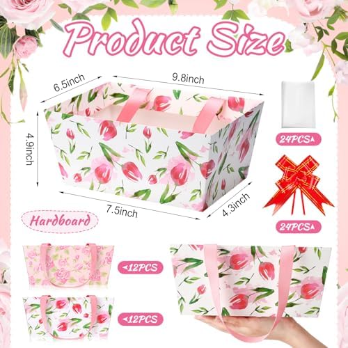 Funnymoom 24 Pcs Mother's Day Basket for Gifts Empty Vintage Floral Tulip Gift Basket Empty to Fill with Handle, Transparent Bag and Bow for Best Mom Gift Flower Tea Party Supplies, 9.8 x 6.5 x 4.3'' - Image 3