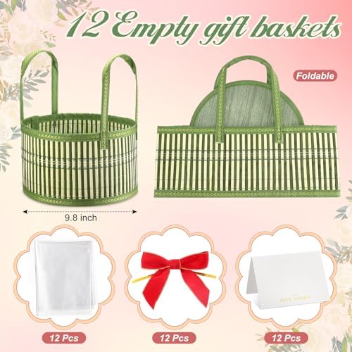 Weysat 12 Set Baskets for Gifts Empty Bulk, Large Woven Bamboo Gift Basket Kit with Handles, Bow, Wrap Bag to Fill for Raffle Thanksgiving Day Wedding Birthdays Party Wrapping (Green) - Image 3