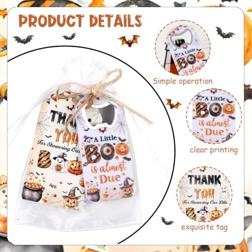 24 Sets Halloween Bottle Openers Baby Shower Party Favors, Orange Blue Bottle Opener Keychain Set with Thank You Tags Organza Bags for A Little Boo Is Almost Due Party Guest Gifts Decor - Image 5