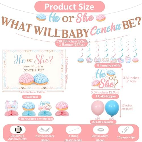 Concha Theme Gender Reveal Party Decorations What Will Baby Concha Be Backdrop Banner Mexican Sweet Bread Concha Honeycomb Centerpieces Cake Topper Hanging Swirls for Baby Shower Party Supplies - Image 2