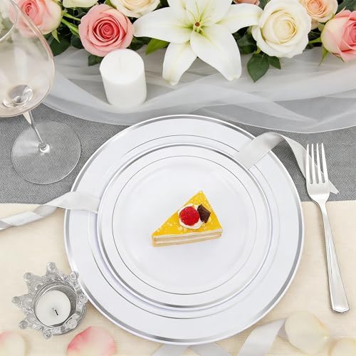 FLOWERCAT 60PCS Silver Plastic Plates - Heavy Duty White and Silver Plastic Plates Disposable - Include 30PCS 10.25inch Dinner Plates and 30PCS 7.5inch Dessert Plates for Fall Wedding&Birthday Party - Image 6