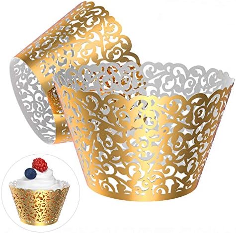 Gospire 50pcs Pearl Lace Filigree Paper Cupcake Wraps, Bright Gold, for Wedding, Christening, Anniversary, Engagement, Birthday, Baby Shower, Halloween, Christmas by Gospire