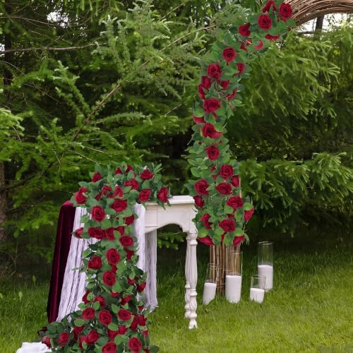 Aneco 4 Pack 32 FT Burgundy Flower Garland Artificial Rose Vines Roses Fake Vine Flowers Plants Party Supplies for Holiday Wedding Garden Craft Art Decoration - Image 6