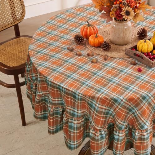 Romanstile Thanksgiving Plaid Ruffled Round Tablecloth 70 Inch Rust - Image 4