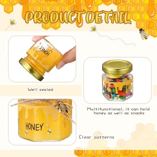 Shellwei 30 Set Mini Glass Honey Jars 1.5 oz Honey Jars Party Favors Bulk with Dipper and Gold Lid, Bee Pendant, and Silk Ribbon for Guests Wedding Baby Shower Favors Gifts - Image 3