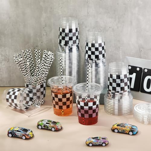 Sliner 50 Sets Checkered Party Cups, 16 Oz Plastic Cups with Lids & Straws - Image 4