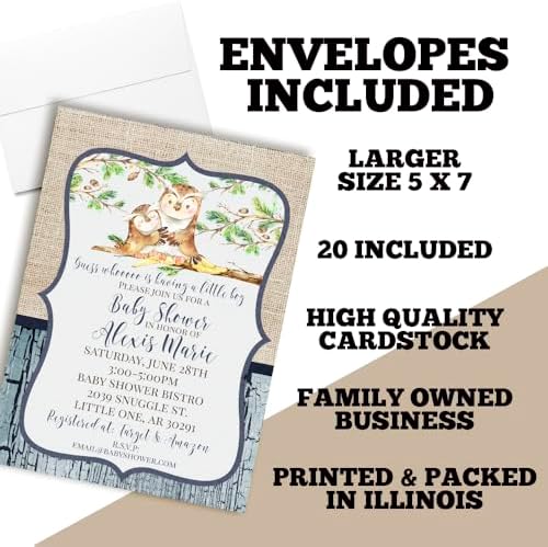 Amanda Creation Blue Watercolor Owl Baby Shower Invitations for Boys, Baby Shower Invitations with Owls, 20 Personalized 5x7 Double-Sided Cards with White Envelopes, Made in USA - Image 6