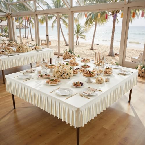 Wish Care 2 Pack Ivory Spandex Tablecloths for 60x60 Inch Square Tables, Stretch Fitted Table Clothes with Pleated Ruffle Skirt for 60” Table, Wrinkle Free and Elastic, for Party Kitchen Home Dining - Image 5