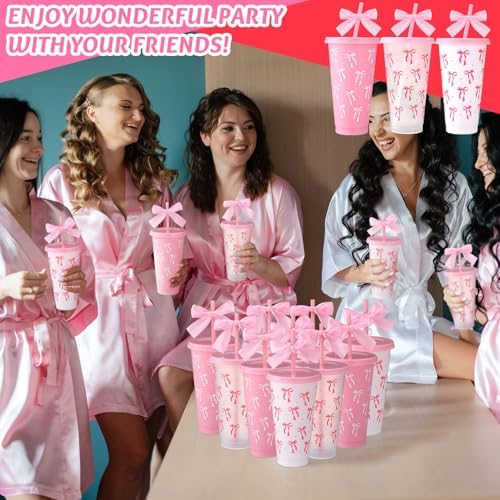 Skylety 24 Pcs Pink Bow Plastic Cups with Lid Straw and Ribbon - Image 5