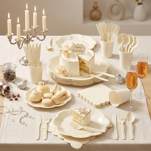 Vyntra Ivory Paper Plates, Cups & Napkins, 350 Pcs Scalloped Party Set - Image 7