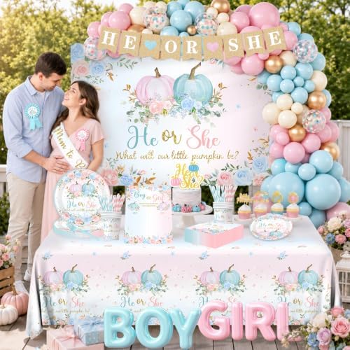 Pumpkin Gender Reveal Decorations - Fall Baby Shower Party Set With Tableware,Banner,Box,Balloon Arch What Will Our Little Pumpkin Be Decorations for Fall He or She Gender Reveal Party - Image 3