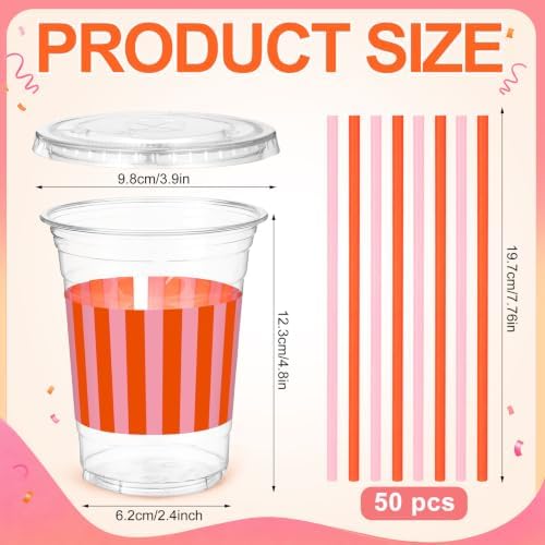 Sliner 50 Sets Pink Orange Striped Plastic Cups with Lids and Paper Straws - Image 3