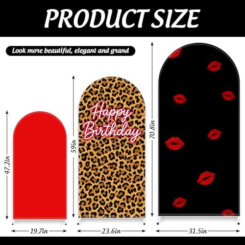 FYSUIMU 3 Pcs Leopard Print Happy Birthday Arch Backdrop Covers Red Black Cheetah Print Lips Stretchy Spandex Arch Stand Fabric Cover for Birthday Party Decor Photo Background (4ft/5ft/6ft) - Image 2