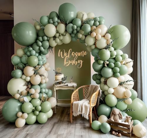 Dusty Green White Balloon Arch Double Stuffed, Neutral Sage Light Green White Sand Beige Balloon Garland Kit with Leaves for Baby Shower Birthday Woodland Bridal Wedding Gender Reveal Fall Party Decor by Partycus