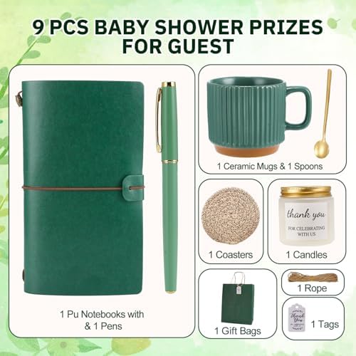 Baby Shower Prizes for Game Winners Baby Shower Games Prizes Ceramic Mugs with Metal Spoons Woven Coasters Notebooks Scented Candles Gift Bags Wedding Bridal Shower Favors for Guests (1, Green) - Image 4