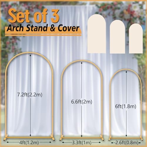 Arch Backdrop Stand and Cover Set 7.2ft,6.6ft,6ft Metal Arch Frame Stand Gold with Beige Cover for Wedding Birthday Party Baby Shower with Storage Bag(Beige, 7.2FT+6.6FT+6FT) - Image 3