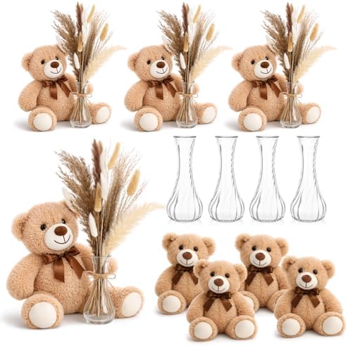129 Pcs Bear Baby Shower Centerpieces, Dried Pampas Grass Vase with Bears Rope Boho Rustic Table Decoration for Birthday Gender Reveal Party Supplies by Guiqulai