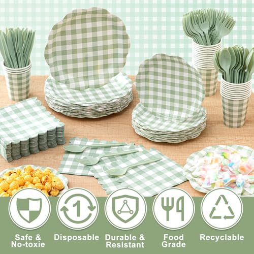 Funnymoom 400 Pcs Gingham Party Supplies for 50 Guests Green and White - Image 4