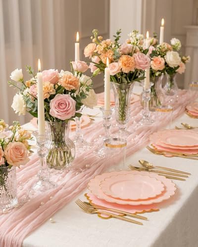 351 PcsPink Scalloped Plastic Plates Dinnerware Set for 50 Guests - Image 4