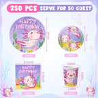 Pickmesh 250 Pcs Axolotl Birthday Disposable Tableware Set Reptile Animals Plates Napkins Cups Cutlery Purple Pink Cartoon Axolotl Birthday Party Supplies Favors for Baby Shower, Serve 50 Guest - Image 3