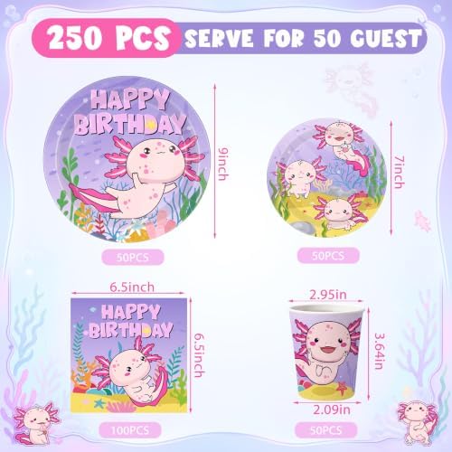 Pickmesh 250 Pcs Axolotl Birthday Disposable Tableware Set Reptile Animals Plates Napkins Cups Cutlery Purple Pink Cartoon Axolotl Birthday Party Supplies Favors for Baby Shower, Serve 50 Guest - Image 3