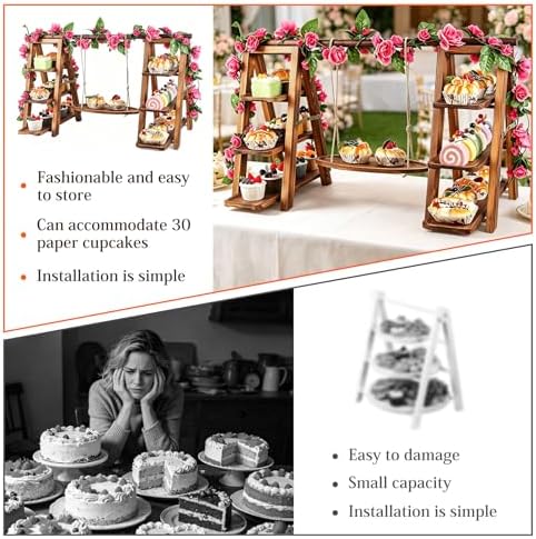 Solid Wood Swing Cupcake Stand, Foldable Rustic Dessert Stand - Image 4