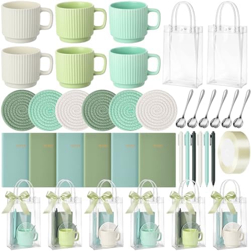 36 Pcs/6 Sets Baby Shower Prizes for Winners Include Ceramic Mugs with Spoons Woven Coasters Notebooks with Pens Clear PVC Gift Bags for Bridal Shower Party Favors(Green) by Acellegic